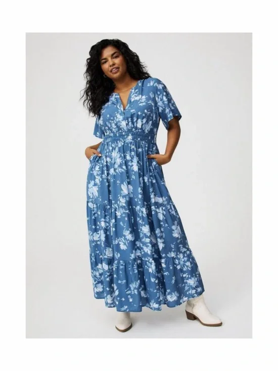 Torrid Blue Floral Maxi Dress 2X Tiered Pockets Modest Casual Cottage Western - Picture 1 of 12